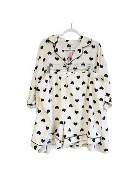 Heart Print Button-Up Pajama Set Elastic Waist Shorts 5XL Lightweight  Women